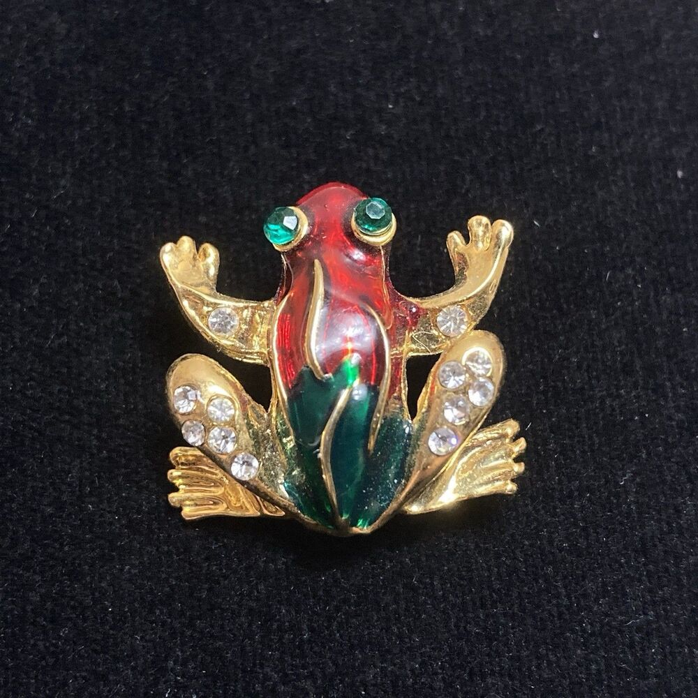 VINTAGE FROG BROOCH PIN GOLD TONE METAL w/clear and Green Rhinestones